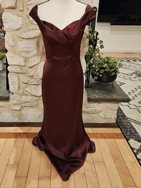 Revelry Off-Shoulder Satin Maxi Dress in Burgundy